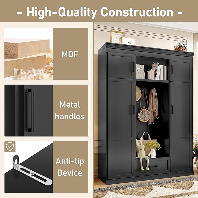 85.2''H Hall Tree with Bench and 3 Hooks, Modern Large Hall Tree with 5 Drawers and Adjustable Shelves, Entryway Storage Organizer Cabinet with 4 Doors for Hallway, Living Room (Black/509)