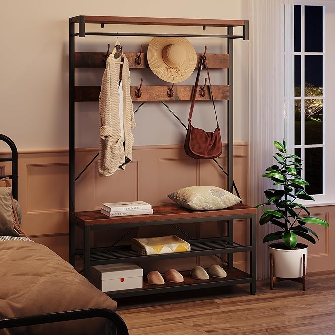 Industrial Hall Tree with Shoe Bench & Coat Rack - 8 Hooks, Storage Shelf & Hanging Bar for Entryway, Rustic Brown Wood Look Accent Furniture
