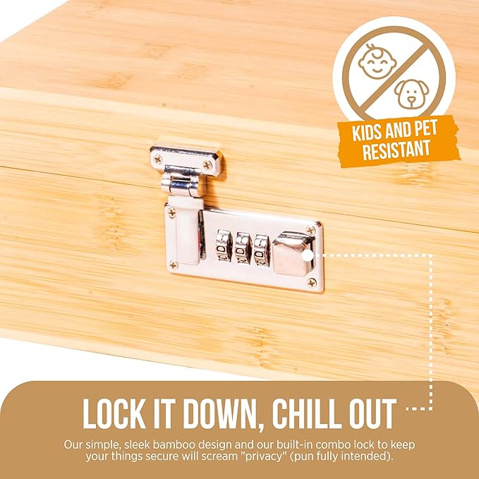The OG Storage Box - Large Bamboo Box with Combination Lock, Magnetic Lid, Organizer Tray, Airtight Tube and 3 Smell-Proof Jars - Discreet Decorative Locking Wooden Box with Accessories (Wood/Silver)