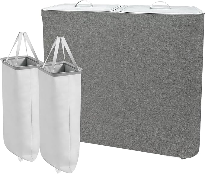 2 Dividers Dirty Clothes Basket, Double Laundry Hamper with Lid and Removable Laundry Bagsfor Laundry Room/Bedroom/Bathroom/College, 150L Large Collapsible