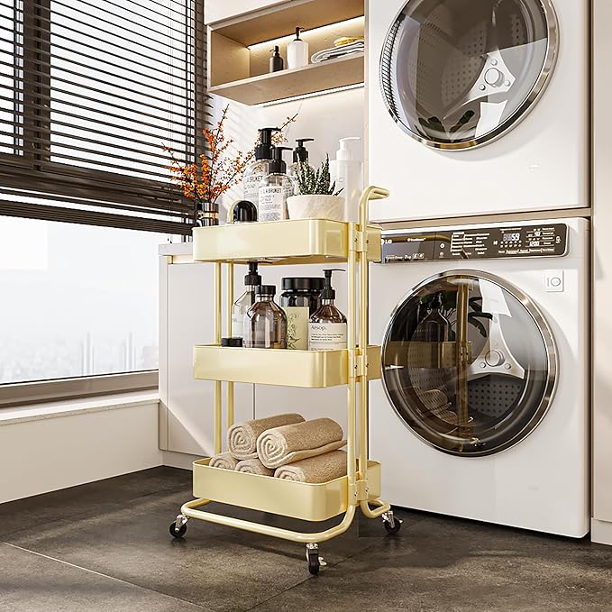 3-Tier Metal Rolling Cart with Wheels, Utility Storage Cart, Multifunctional Organizer Storage for Kitchen, Bedroom, Office, Laundry Room, Dorm Room Essentials (Cream Yellow)