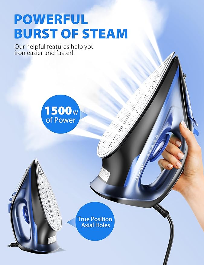 1500-Watt Steam Iron with Ceramic-Coated Soleplate and Burst Steam, 3-Way Auto-Off, Temperature Settings for Variable Fabric