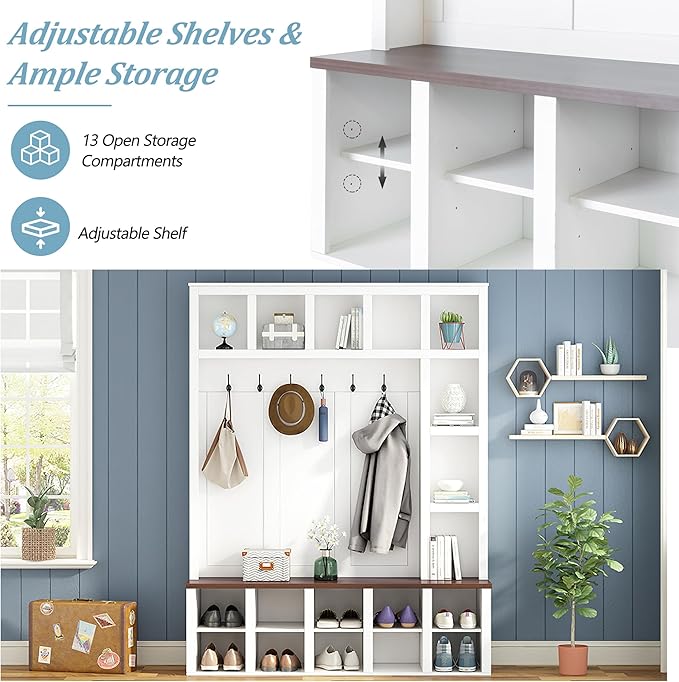 Farmhouse Style Hall Tree with 6 Hooks, Practical Walnut Storage Bench with Adjustable Shelves, Wooden 4-in-1 Entryway Shoe Cabinet with 13 Cubbies for Mudroom, Living Room (White+Walnut-8)
