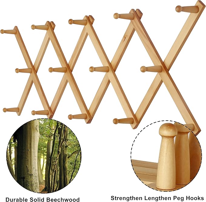 Dseap Accordian Wall Hanger: 16” High Wooden Wall Expandable Coat Rack, Hat Rack Holder, Accordion Hook for Baseball Caps, Coats, Mugs, 14 Peg Hooks, Natural