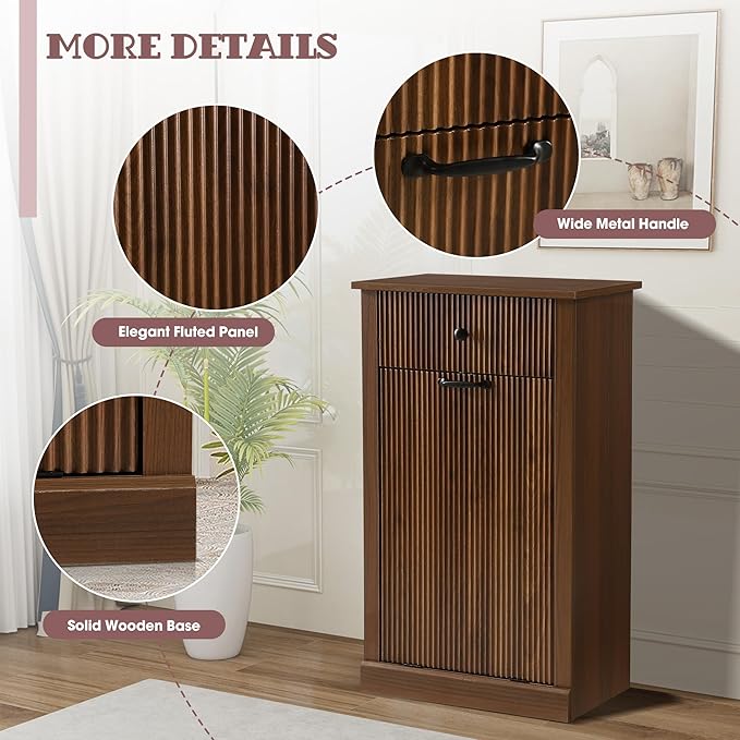 Modern Tilt Out Laundry Hamper Cabinet, Fluted Hidden Garbage Cabinet with Laundry Storage Basket, Wooden Trash Can Cabinets with Drawer (Brown, 13"D x 21"W x 36"H (Single))