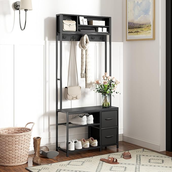 HOMCOM Hall Tree with Bench and Shoe Storage, 5-in-1 Entryway Bench with Coat Rack, 3 Storage Compartments, 5 Coat Hooks, 2 Fabric Drawers, Distressed Black