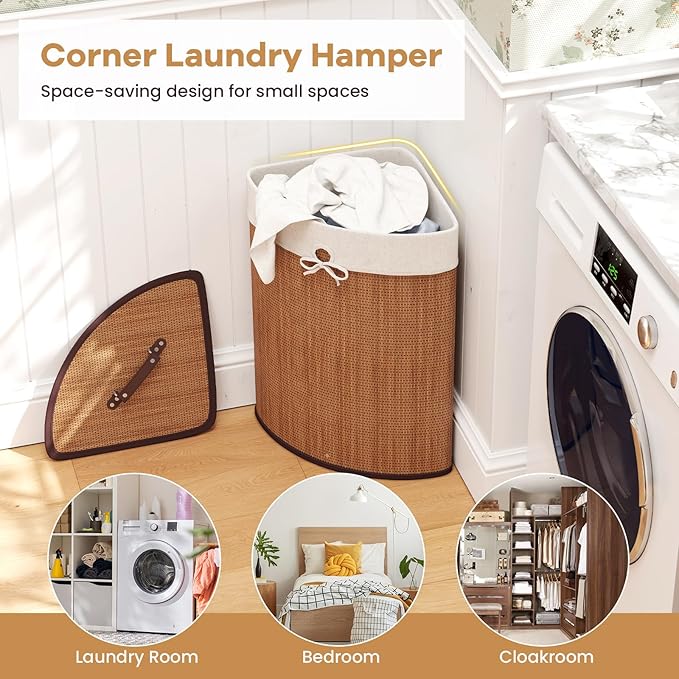 Giantex Corner Laundry Hamper with Lid, 58 L Bamboo Laundry Basket with Removable Liner & Handle, Triangle Clothes Hamper for Small Spaces, Bedroom, Bathroom, Laundry & Living Room (Bamboo)