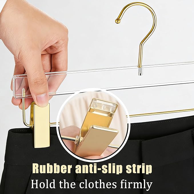 Besser Gold Acrylic Hangers,20 Pack Clear Hangers with Gold Hooks,Luxurious Skirt Pants Hangers Gold Clips for Clothing Closet Storage