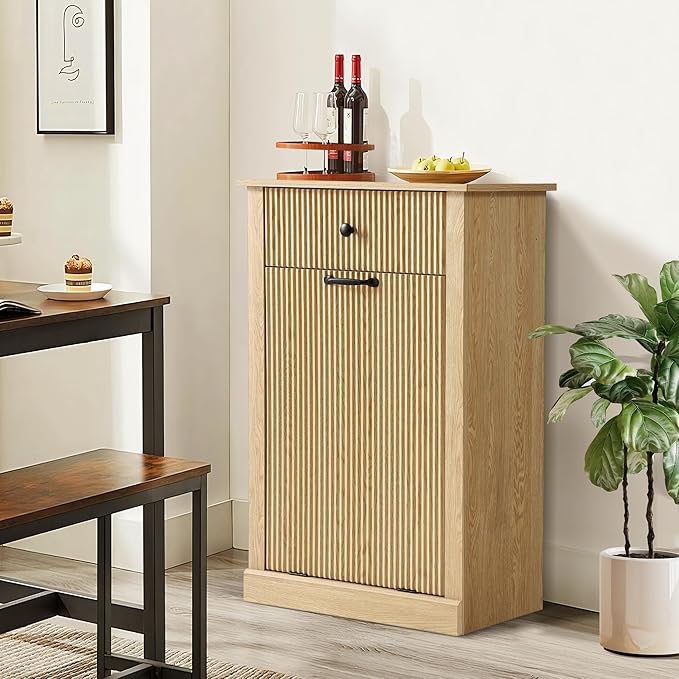 Grepatio Fluted Laundry Hamper, Tilt Out Laundry Hamper Cabinet, 11 Gallon Hidden Trash Can, Wooden Garbage Can Cabinet with Drawer, Free Standing for Bathroom, Kitchen (Natural, Single)