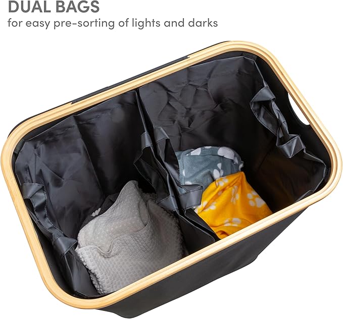 QUALIAZERO 120L Dual Laundry Hamper with Lid – 2-Section Bamboo Frame Hamper with Removable Bags & Easy-Lift Cover, Large Capacity for Families, Bathroom or Bedroom (ONYX BLACK, DUAL)