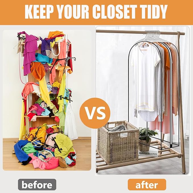All Clear Garment Bags with Zipper for Hanging Clothes, 10" Gusseted Plastic Clothes Storage Suit Cover for Coat, Shirt, Dress, Fur, 60" Suit Bags for Open Closet (1Pcs 60 inch)