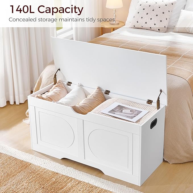 Storage Chest, 39.4” Toy Box, Entryway Storage Trunk, Shoe Bench with Storage, Engineered Wood Storage Cabinet with 2 Safety Hinges, Entrance Bench for Living Room, White SCWT2001