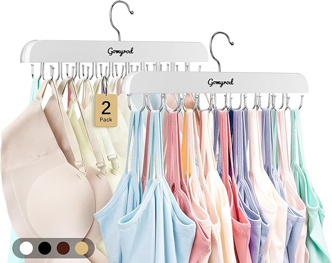 Bra Hanger for Closet, 2 Pack Tank Top Hanger w/20 Hooks Capacity Foldable Wood Space Saving Hangers, 360°Rotating Closet Organizers and Storage for Dorm & Apartment for Bra Scarf Ties(White)