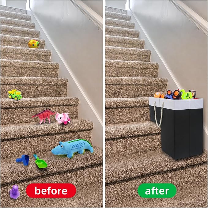 Stair Basket for Stairs with Handle, Staircase Baskets for Carpeted and Wooden Stairs,16" Step Storage Basket for Toys, Clothes, Books, Tools, with Hard Board, Anti-slip (Black&White, 2 pack)