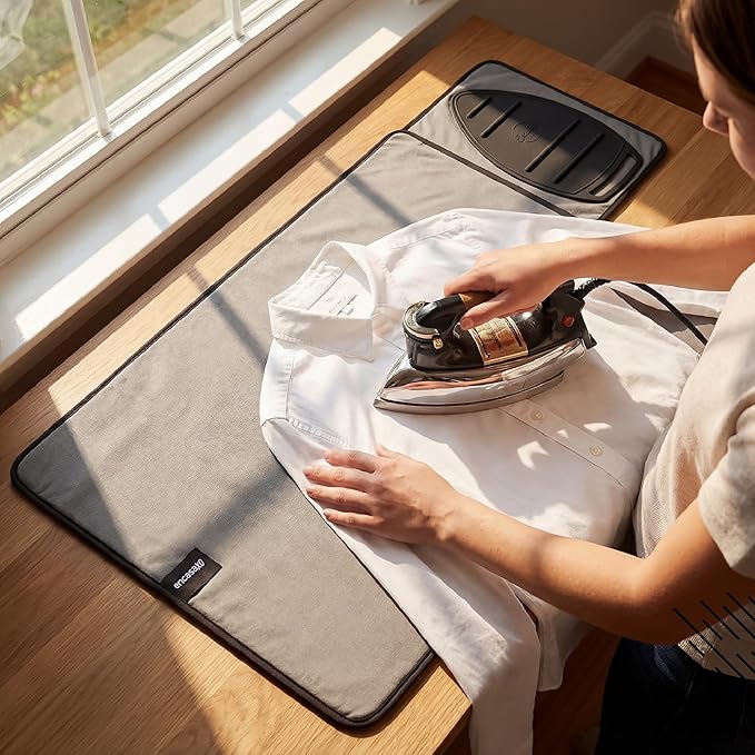 Encasa XO Ironing Mat/Pad (Small 28"x20") with 3mm Padding, Anti-Skid Design & Silicone Iron Rest for Steam Pressing on Tabletop or Bed - Heat Resistant, Portable, Quilting & Travel Blanket - Beige