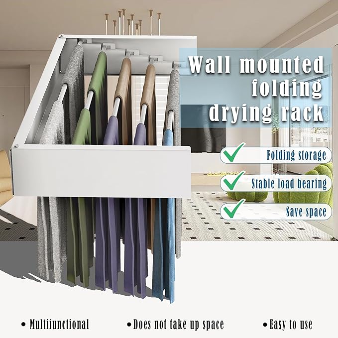 Sleclean Wall Mounted Drying Rack, Collapsible Drying Racks for Laundry, Wall Mounted Clothes Rack (White, 31.5")