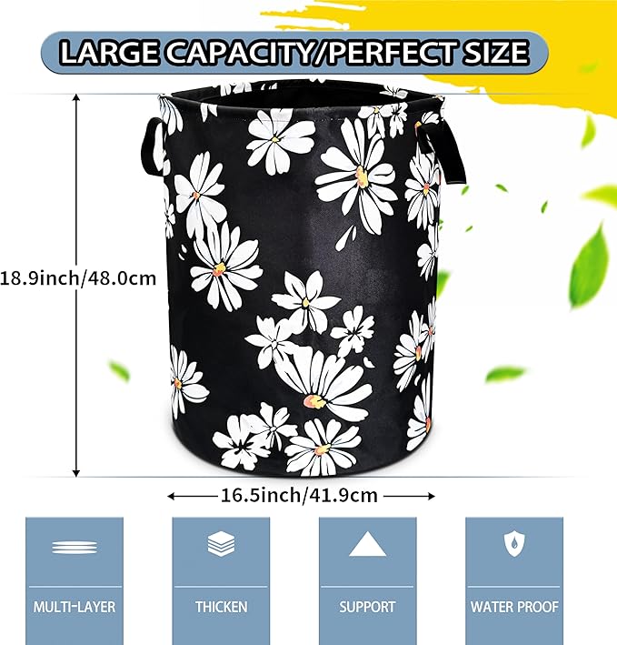Daisy Laundry Basketwhite Yellow Flower Foldable Oxford Cloth Funny Tote Bag Laundry Hamper Clothes Storage Bucket Toy Organizer For Bathroom/Laundry Storage/Bedroom 18.9x16.5 In