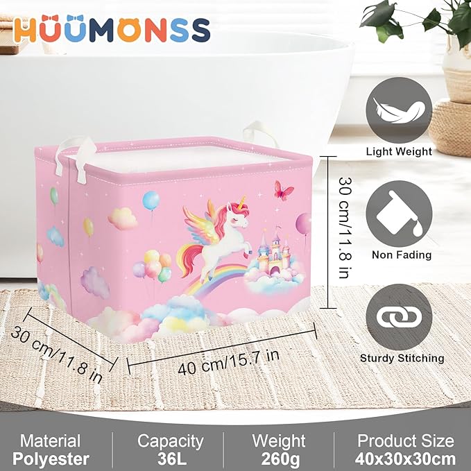 Unicorn Laundry Hamper Large Storage Basket Rainbow Clouds Collapsible Parents Organizer Kids Toy Clothes Bins for Bedroom, Bathroom, Rainbow, 36L