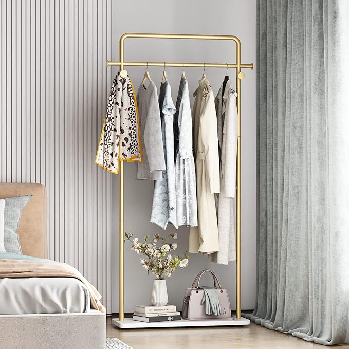 TIEOU Gold Clothing Racks with Shelf, Heavy Duty Gold Clothes Racks for Boutiques, Free-Standing Metal Garment Rack for Hanging Clothes, Modern Coat Rack Entryway