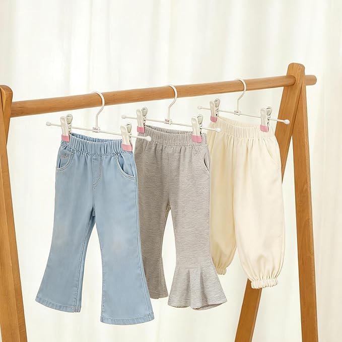 Metal Wire Clips Pants Baby Children Bottom Clothes Hangers, 20 Pack Baby Toddler Infant Newborn Kids Heavy Duty Trousers with Adjustable Clips, 11.8" Space Saving for Legging Garment Jeans (Pink)