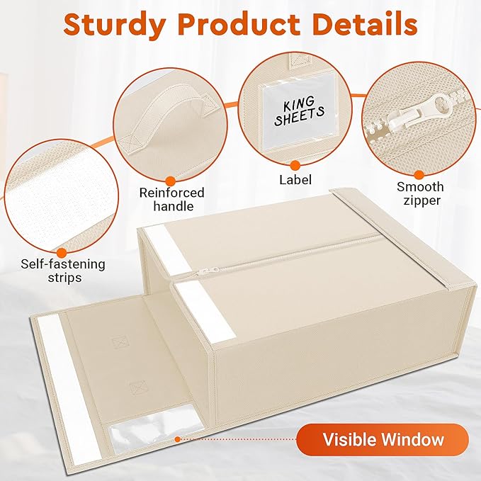 8 Pack Bed Sheet Closet Organizers and Storage,Sturdy Foldable Storage Containers with Window and Label,Storage and Organization for Bedding Sheets,Duvet Covers,Blankets (Beige)