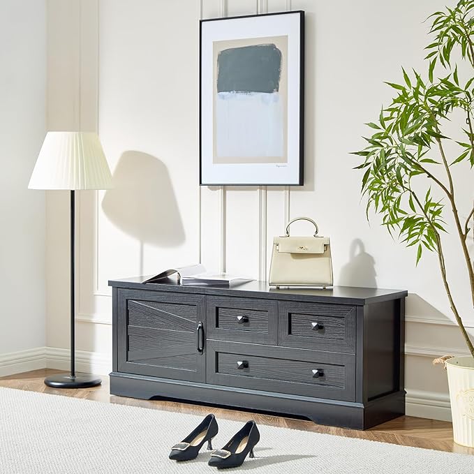SOOWERY 48 Inch End of Bed Storage Bench, Farmhouse Bed Bench with Drawers and Cabinet, Rustic Shoe Storage Bench for Entryway, Bedroom,Living Room, Black