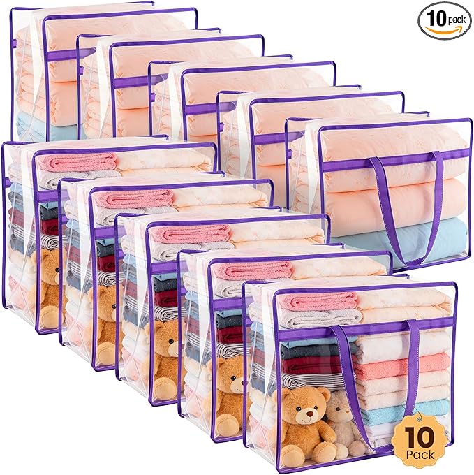 10 Pack Clear Clothes Storage Bags, Double Zipper Design 40L Underbed Moving Bags for Blankets and Clothes, Large Capacity Closet Organizers and Storage for Dormitory, Bedroom, Closet-Purple