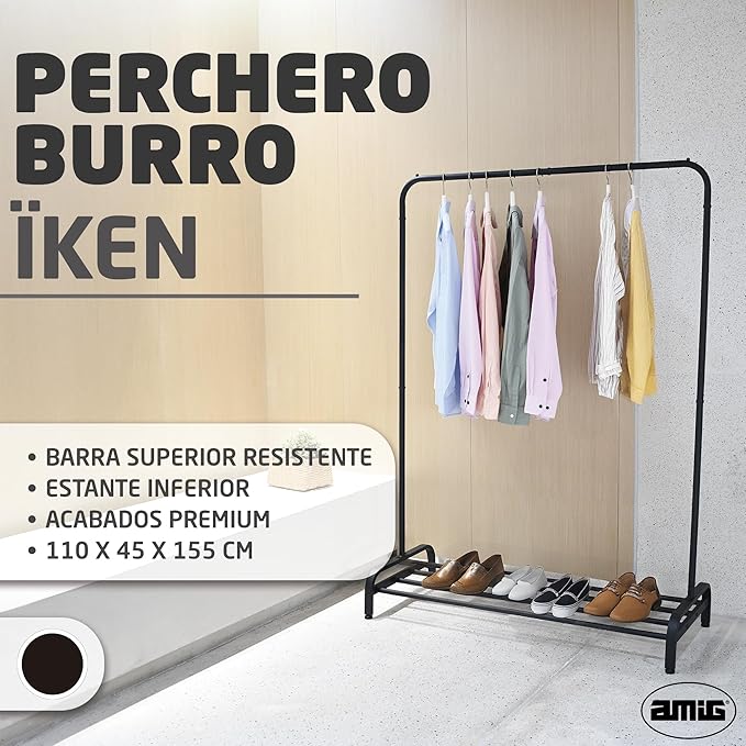 Amig - Ïken Clothes Rail | Organiser with Hanging Rail and Lower Shelf | 110x45x155 cm | Matte Black Metal | Ideal for Bedroom, Hallway, or Entryway