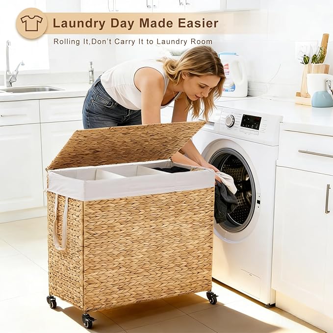 3-Section Laundry Hamper with Lid, Large Capacity Woven Natural Water Hyacinth Laundry Sorter with Removable Liners, Rolling or Non-Slip Design for Bedroom (Natural, 155L)