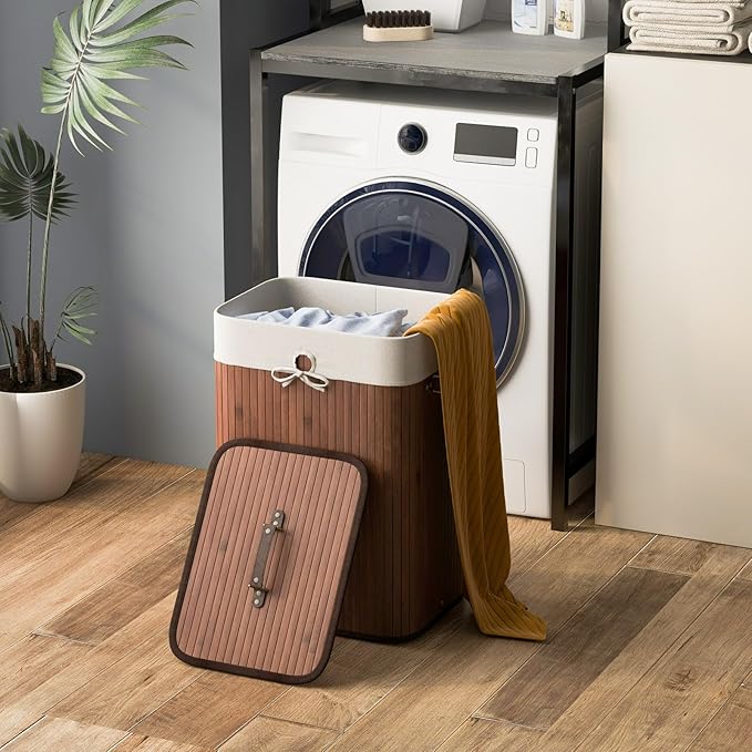 Giantex Bamboo Laundry Hamper with Lid, 72L Large & Tall Clothes Hamper with Removable Liner & Handles, Rectangular Laundry Basket for Small Spaces, Laundry Room, Bedroom (Brown)