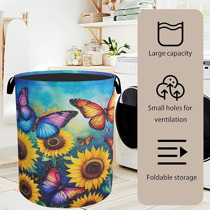 Butterfly Sunflower Laundry Basket, Heavy Duty 60L Dirty Clothes Hamper, Water Resistant Foldable Hamper for Girls Women