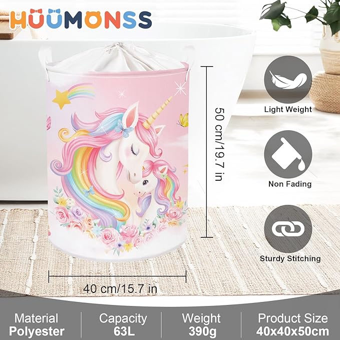 Unicorn Laundry Hamper Large Storage Basket Rainbow Clouds Collapsible Parents Organizer Kids Toy Clothes Bins for Bedroom, Bathroom, Flowers, 63L