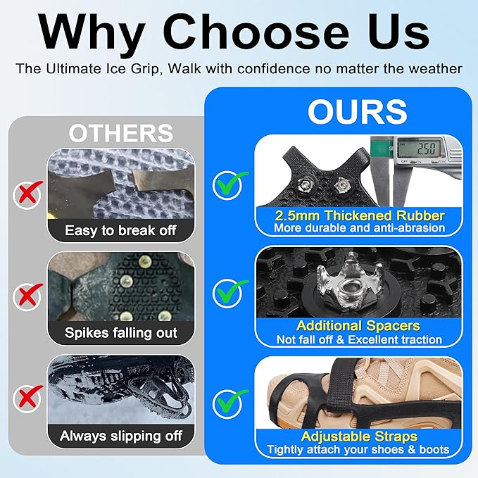Ice Snow Cleats for Shoes and Boots 9 Studs Crampons Shoe Spikes for Snow and Ice Non-Slip Ice Shoes Grippers with Adjustable Straps Overshoe for Women Men Kids Hiking Walking Ice Fishing