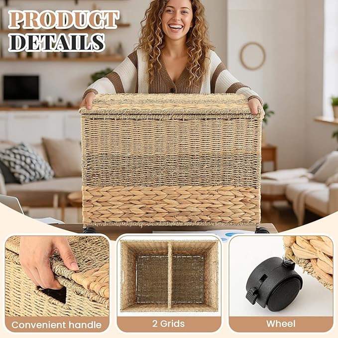 23×17.5×16 in Wicker Storage Trunk with Wheels and Lid, Heavy Duty Rolling Wicker Basket for Blankets Large Toy Chest Water Hyacinth Woven Blanket Bin for Bedroom, Laundry Room