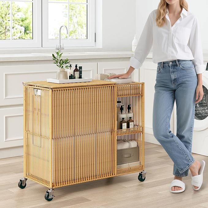 WOWLIVE Laundry Hamper with Wheels, Handwoven Laundry Basket with Lid, Shelves, Rolling Clothes Hamper with Removable Liner Bag, 110L Large Laundry Sorter Laundry Room Organization, Natural