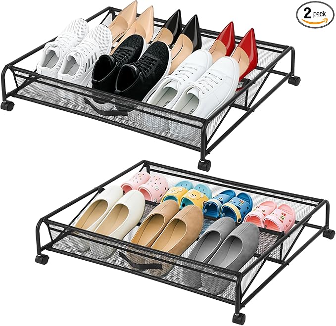Under Bed Shoe Storage Organizer, 2-Pack Metal Mesh Storage Drawers with Wheels – Rolling Underbed Shoe Organizer for Space Saving Bedroom Organization (Black)