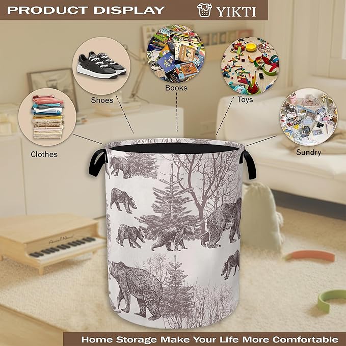 Forest Bear Laundry Hamper,Vintage Animal Clothes Hamper for Laundry,Waterproof Oxford Toy Storage Collapsible Hampers for Bedroom, Dorm Room,Bathroom,16x20 Inch
