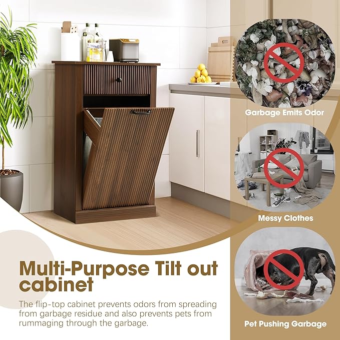 Grepatio Tilt Out Laundry Hamper, Fluted Laundry Hamper Cabinet, 11 Gallon Hidden Trash Can, Wooden Garbage Can Cabinet with Drawer, Free Standing for Bathroom, Kitchen (Brown, Single)