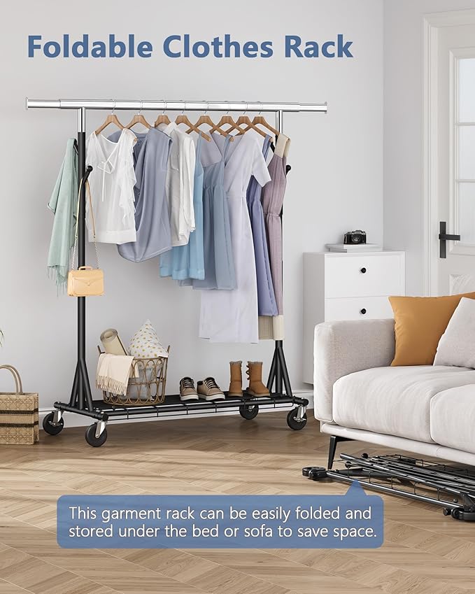 Hoctieon 1-Minute Assembly Clothes Rack, 480 lbs Heavy Duty Rolling Clothing Racks with Wheels, Foldable Garment Rack, Extendable Hanging Bar, Adjustable Metal Pole with Hooks, Black