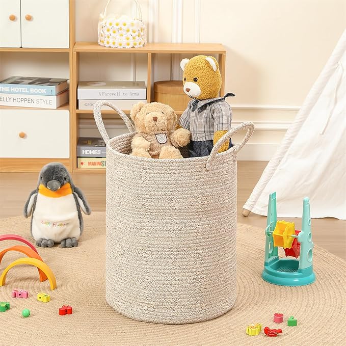 40L Woven Laundry Basket Hamper, 100% Natural Cotton Rope, Handwoven & Durable, Storage for Blankets, Toys, Clothes, Decorative Nursery Hamper for Living Room, Baby Room, Bedroom (Brown and White)