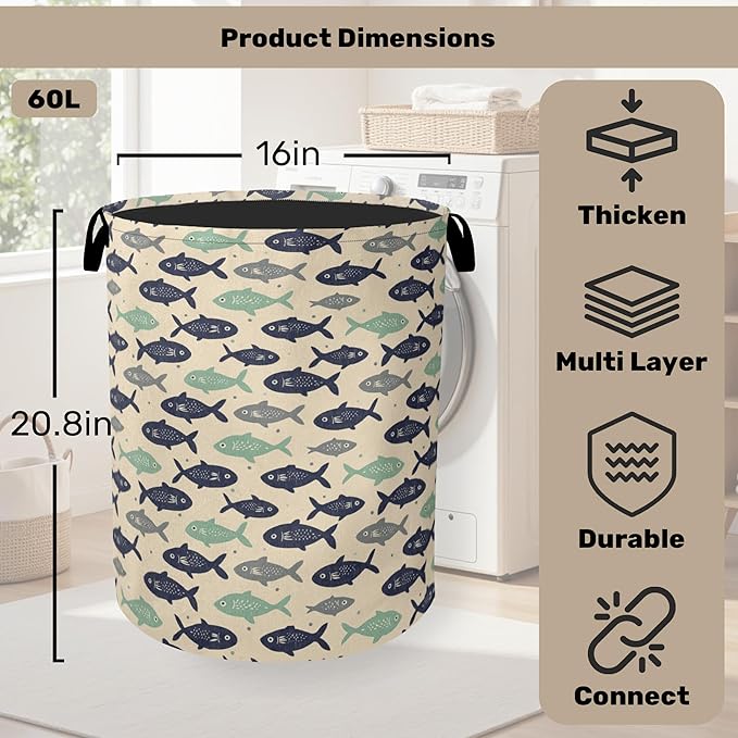 Cute Japanese-Style Fish Foldable Laundry Hamper - Waterproof Fabric Storage Basket with Handles, Clothes Hampers for Laundry,Bedroom,Dorm