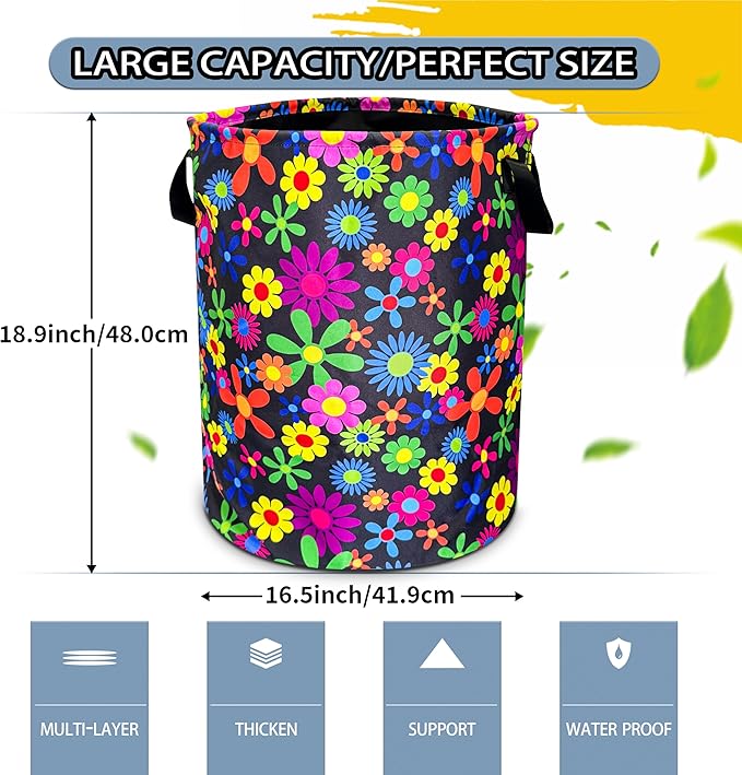 Color Hippie Flowers Laundry Basket Folk Art Flowers Foldable Oxford Cloth Funny Tote Bag Laundry Hamper Clothes Storage Bucket Toy Organizer For Bathroom/Laundry/Bedroom 18.9x16.5 In