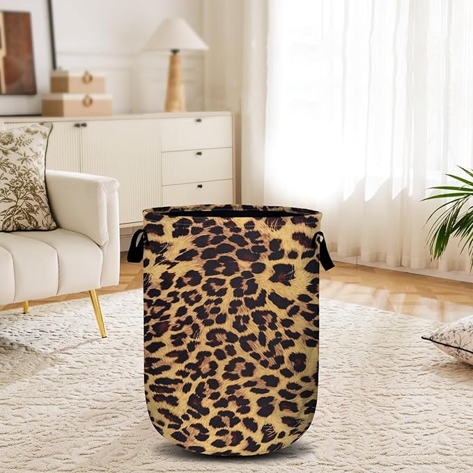 Brown Leopard Laundry Basket, Laundry Hamper Collapsible Oxford Cloth with Handle Clothes Toy Storage Bin for Bathroom Laundry Room Bedroom 15.7 X 20 Inch