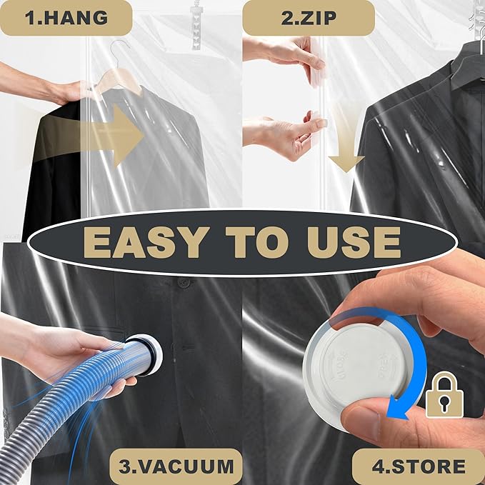 Hanging Vacuum Storage Bags,Hanging Vacuum Sealer Storage Space Saver Bags for Clothes, Suits, Coats, Dresses or Jackets, Reusable Compressed Vacuum Bags Closet Organizers,Long 5 Pack(53.1x27.6in)