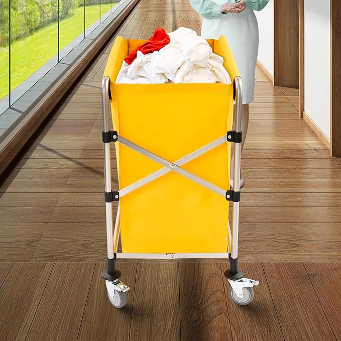 Commercial Laundry Cart with Wheels, 220lbs Foldable Laundry Cart with 4 Locking Wheels and Oxford Cloth for Home, Dorm, Hotel, and Commercial Use (Yellow)