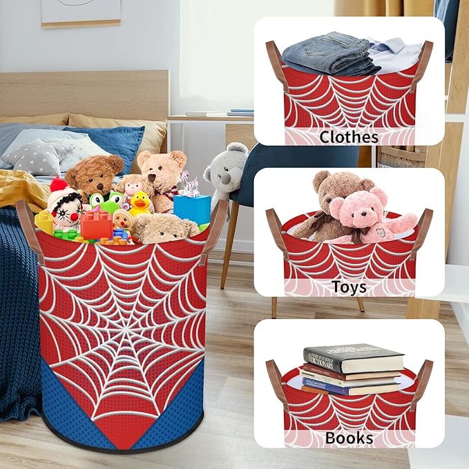Large Laundry Hamper Basket Red Spider Web Round Collapsible Storage Organizer Bin for Kids Room, Boys, Nursery, Closet, Bedroom, Playroom, Toys, Dirty Clothes, 16"W x 20"H
