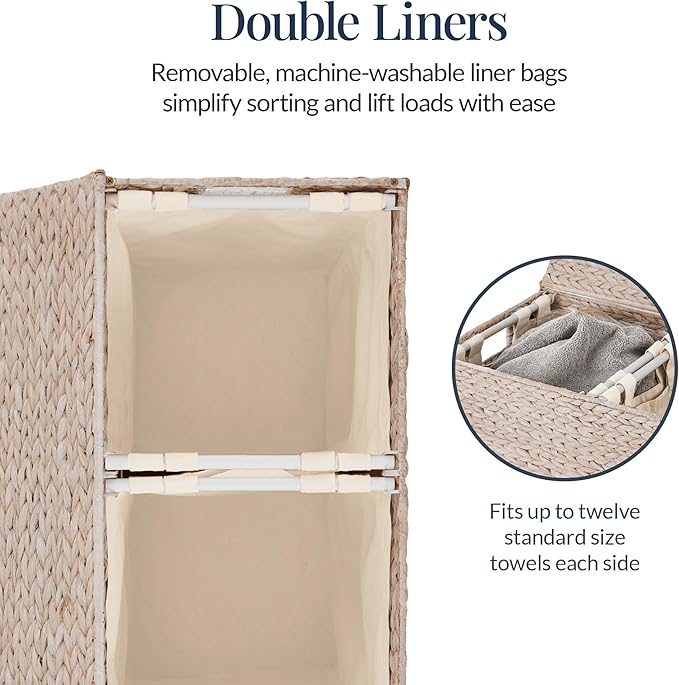 Best Choice Products Large Double Laundry Hamper with Lid, Natural Handwoven Water Hyacinth, 2 Sections w/ 2 Machine Washable Linen Liner Bags, Portable, Handles - Whitewash