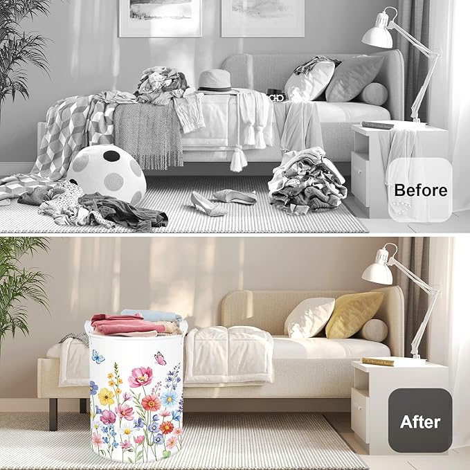 Colourful Flowers Laundry Hamper Large Storage Basket Floral Collapsible Adult Organizer Kids Clothes Toys Bins for Bedroom, Bathroom, Pinkish Purple, 63L