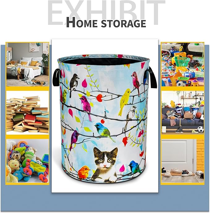 Cat Colorful Bird Laundry Basket Animal Foldable Oxford Cloth Funny Tote Bag Laundry Hamper Clothes Storage Bucket Toy Organizer For Bathroom/Laundry Storage/Bedroom 18.9x16.5 Inch