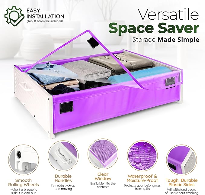 Under Bed Plastic Drawers with Rolling Wheels - Storage Containers with Dual Handles for Easy Access - Space Saving Organizer for Shoes and Clothes